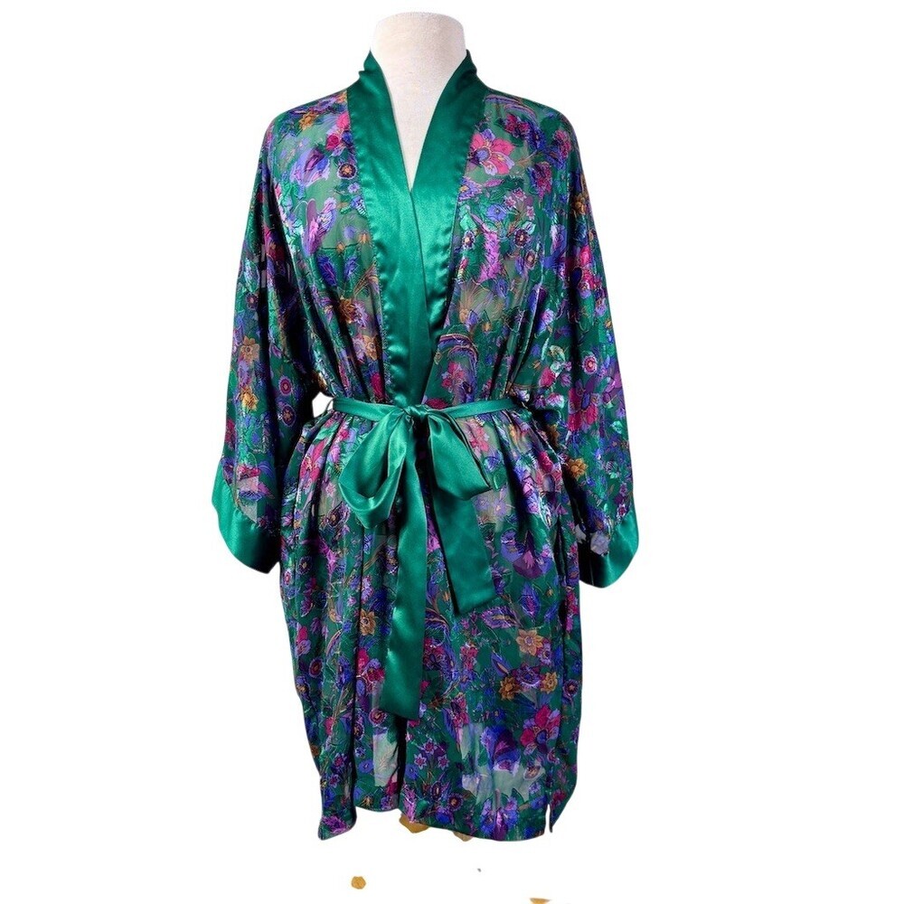 Vintage Victoria's Secret Robe Womens OS Green Floral Sheer Kimono Belted